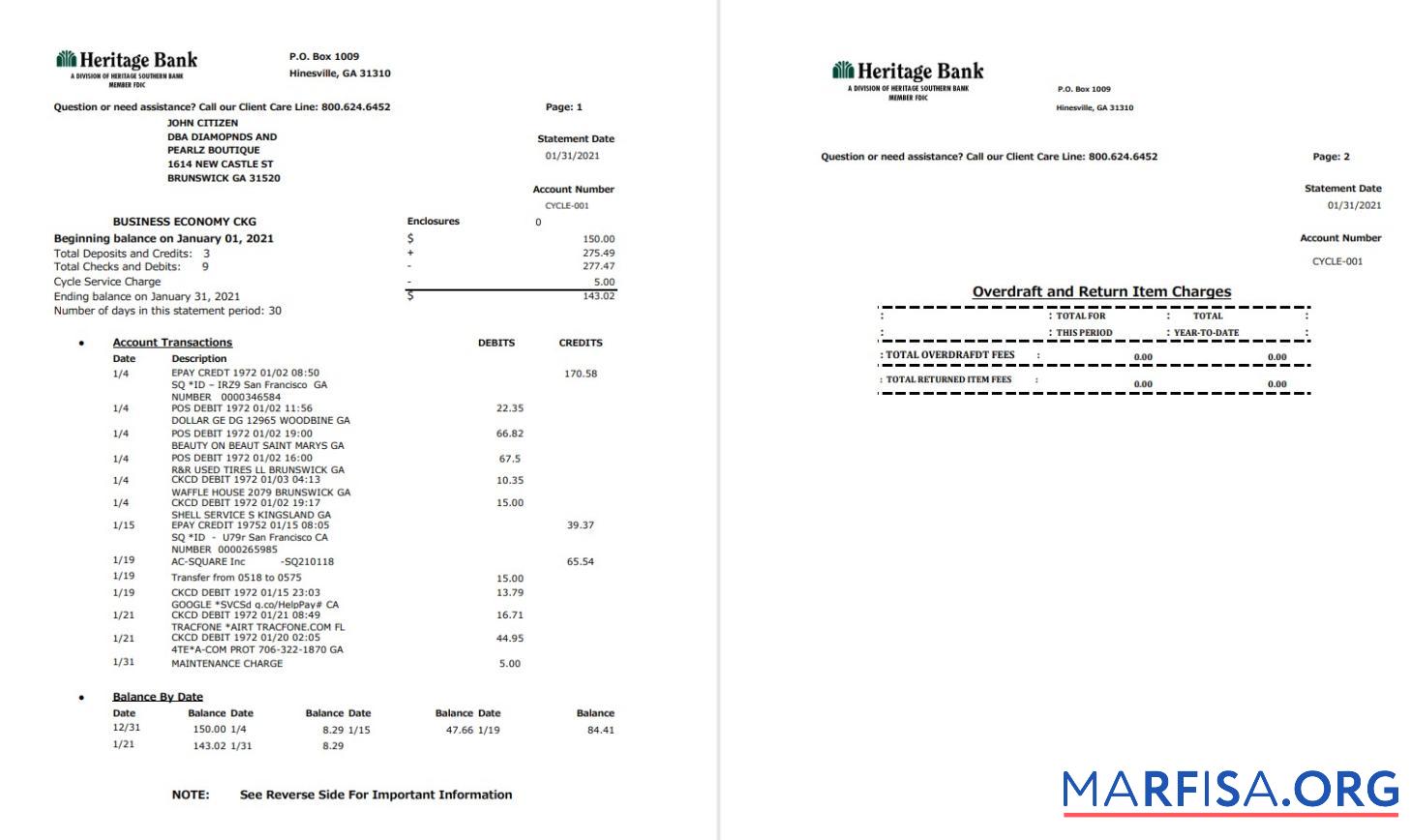 Printable USA Heritage bank statement excel download for verification